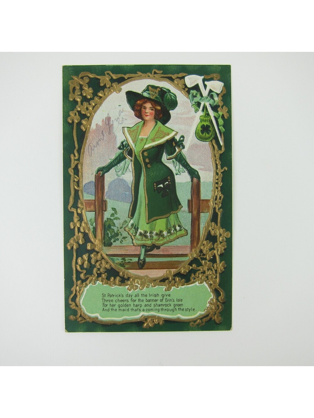St. Patricks Day Postcard Irish Woman Green Hat Dress Shamrocks Embossed Antique